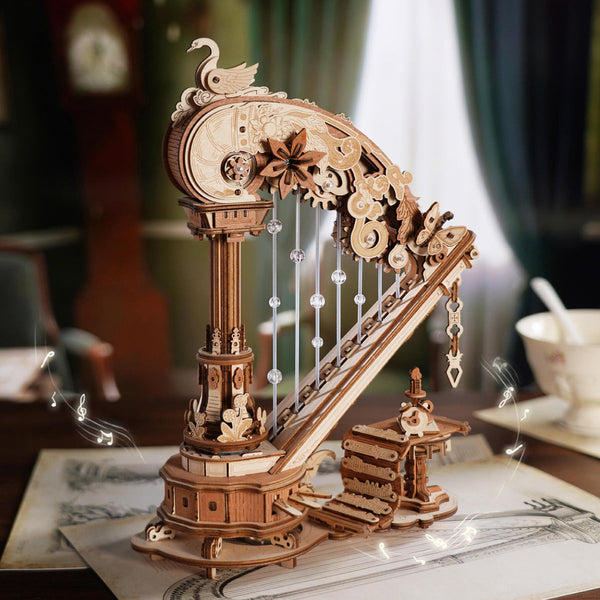 The Swan Harp wooden wind-up music box, fully assembled