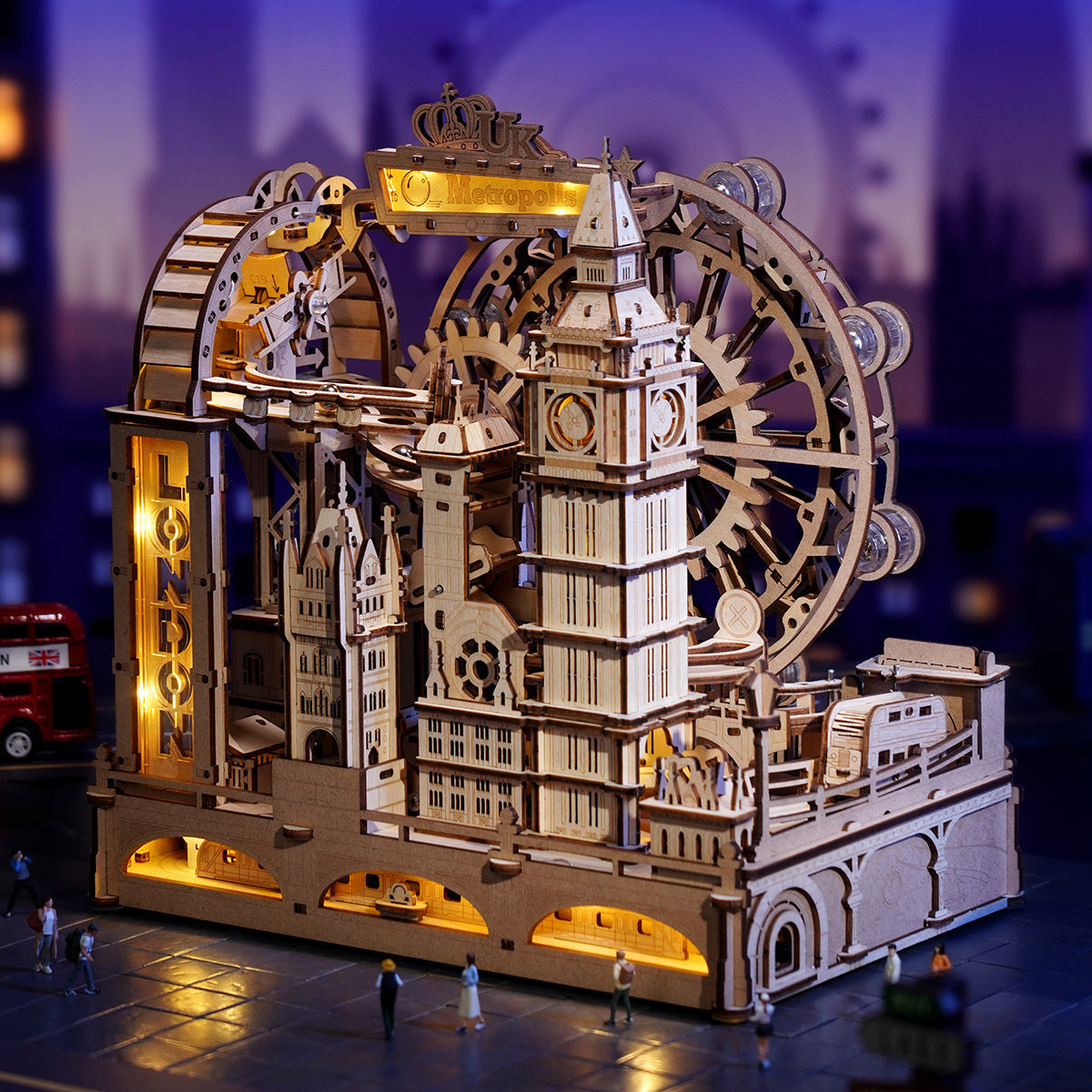The London Circuit — Wooden Marble Run Kit with LED Lights, assembled — 431-piece kit
