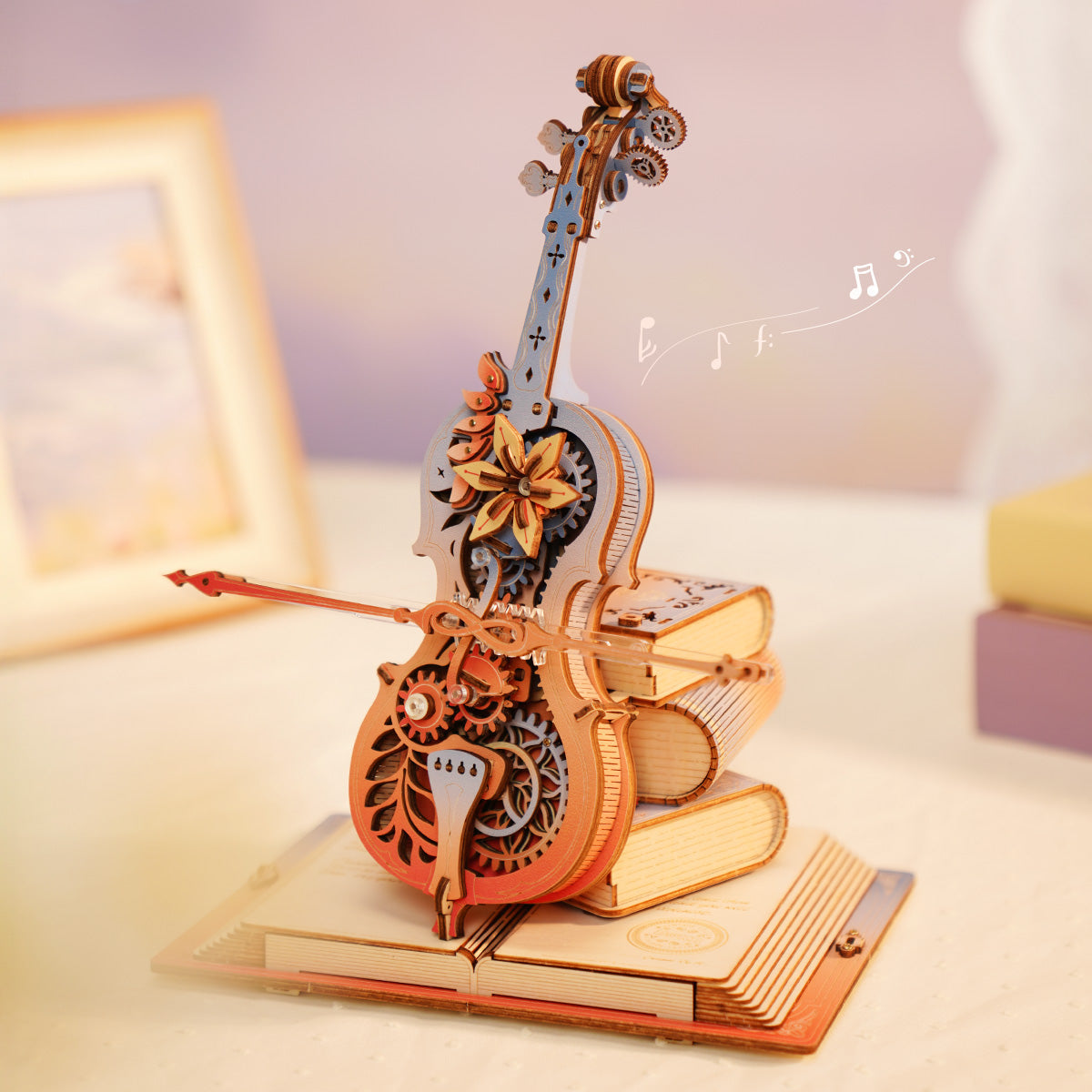 Wooden cello music box kit, assembled