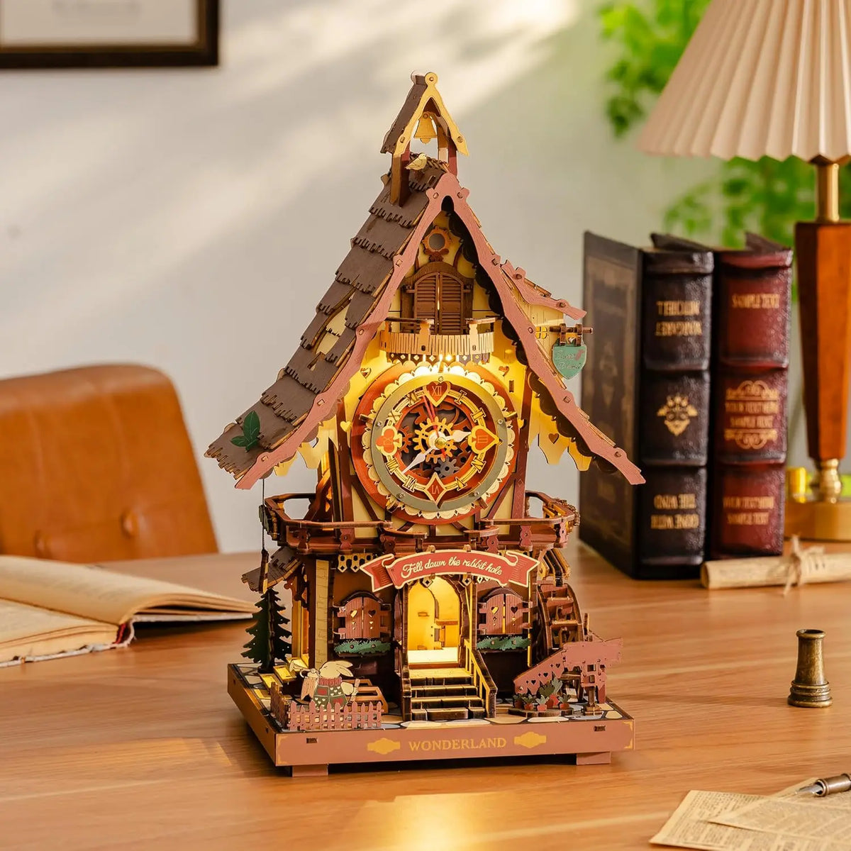 On the Hour — Wooden Cuckoo Clock Kit with LED, assembled — 435-piece kit
