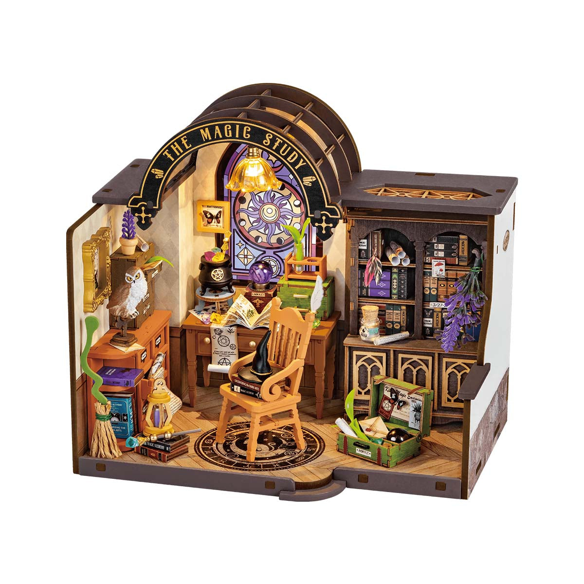 Assembled miniature room on a bookshelf for scale