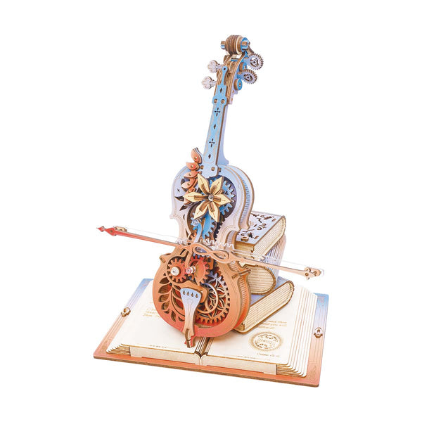The Soloist: Wooden Cello Music Box Kit, assembled — 199-piece kit