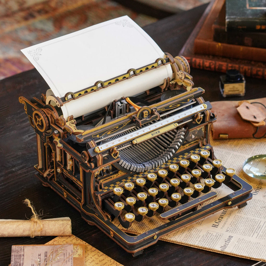 The Keystroke wooden mechanical typewriter, classic black and gold