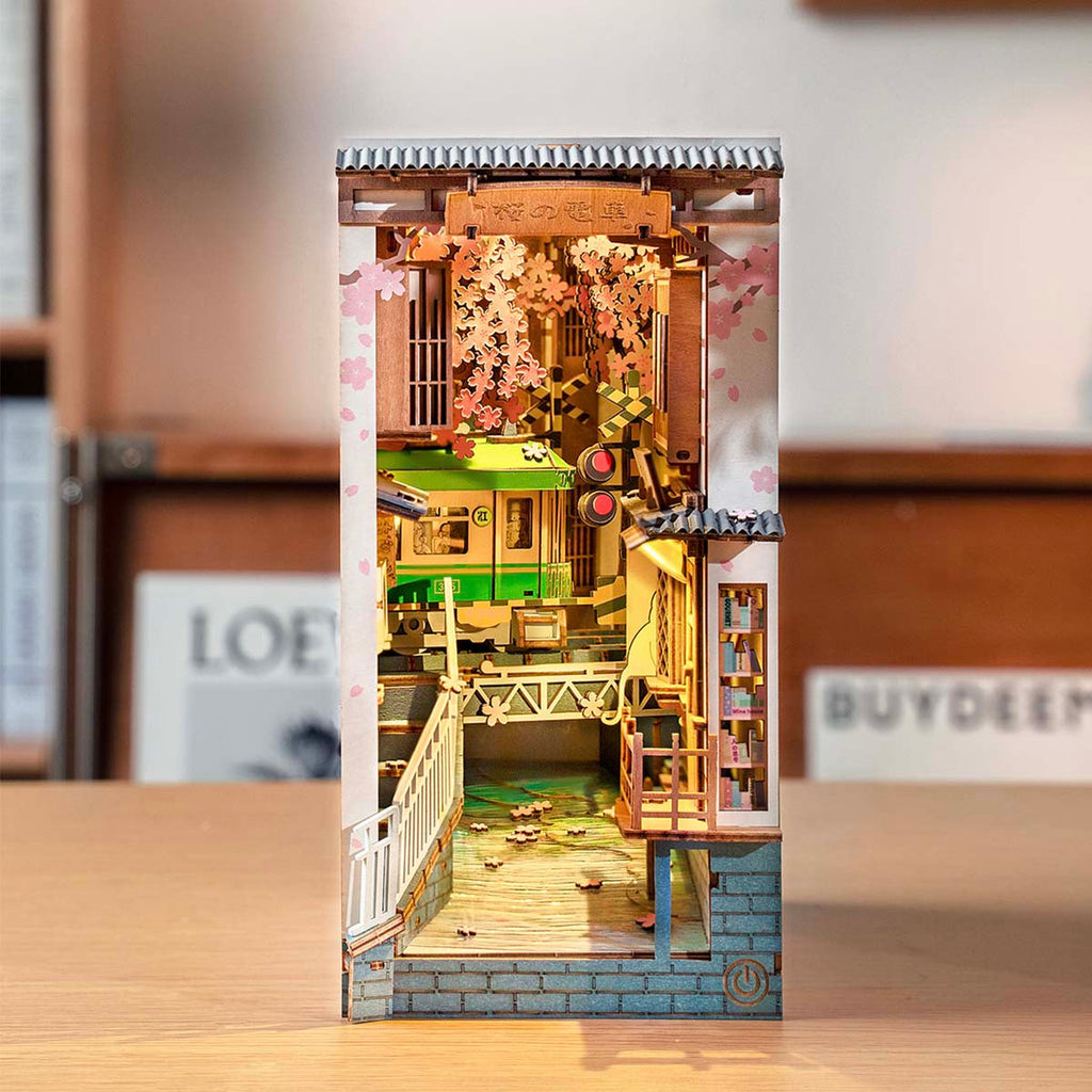 The Riverbank: Sakura Book Nook Kit with LED, assembled: 340-piece kit