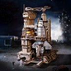 Space shuttle model lit up with orange and blue engine glow