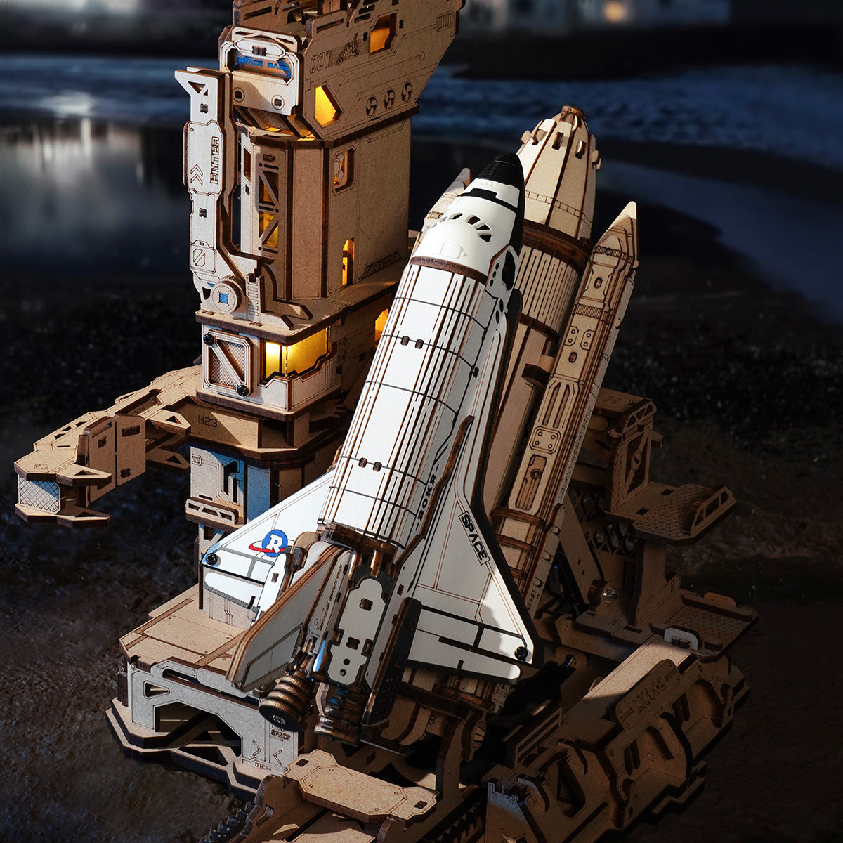 ROKR Space Shuttle wooden model kit with launch tower, fully assembled