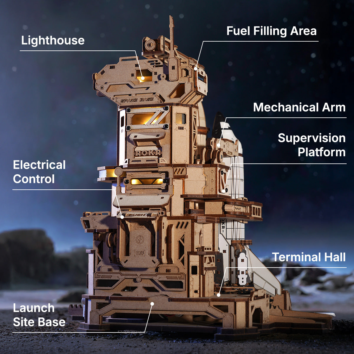 Close-up of the launch pad gears and robotic arms