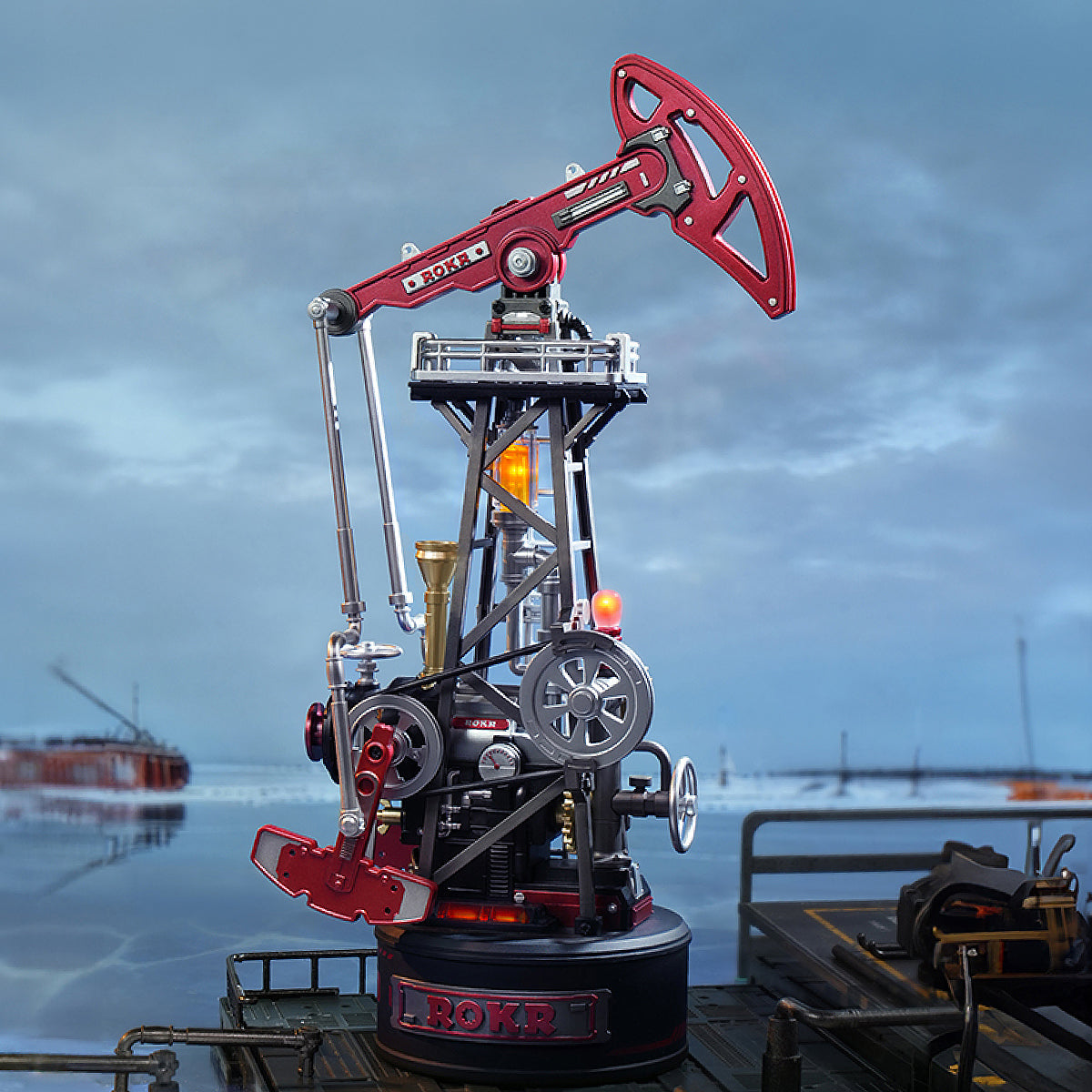 Nodding Donkey: Oil Pumpjack Model Kit with LED, assembled: 127-piece kit