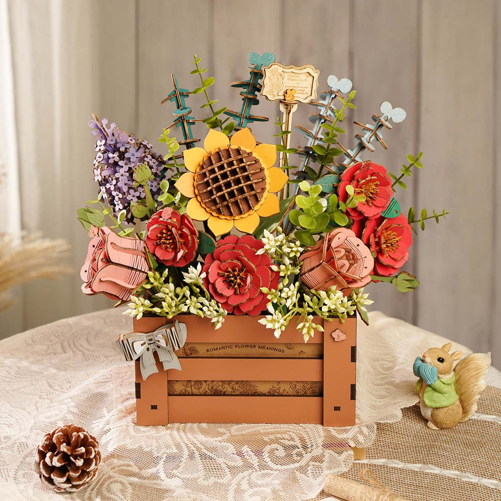 The Everbloom wooden flower bouquet kit, assembled and arranged in a vase