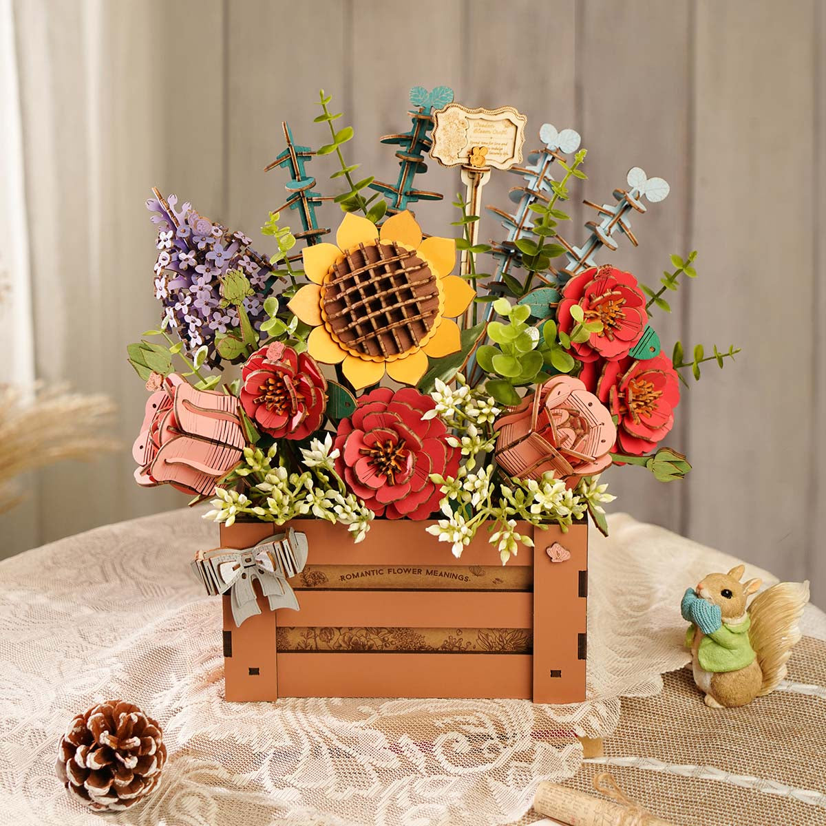The Everbloom wooden flower bouquet kit, assembled and arranged in a vase