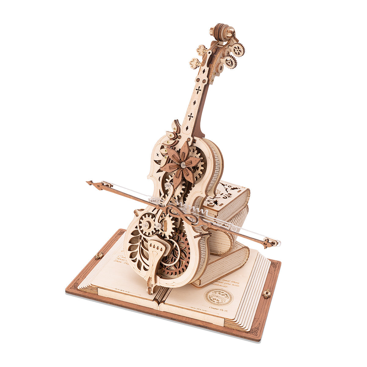Natural wood and coloured finishes of the cello music box side by side