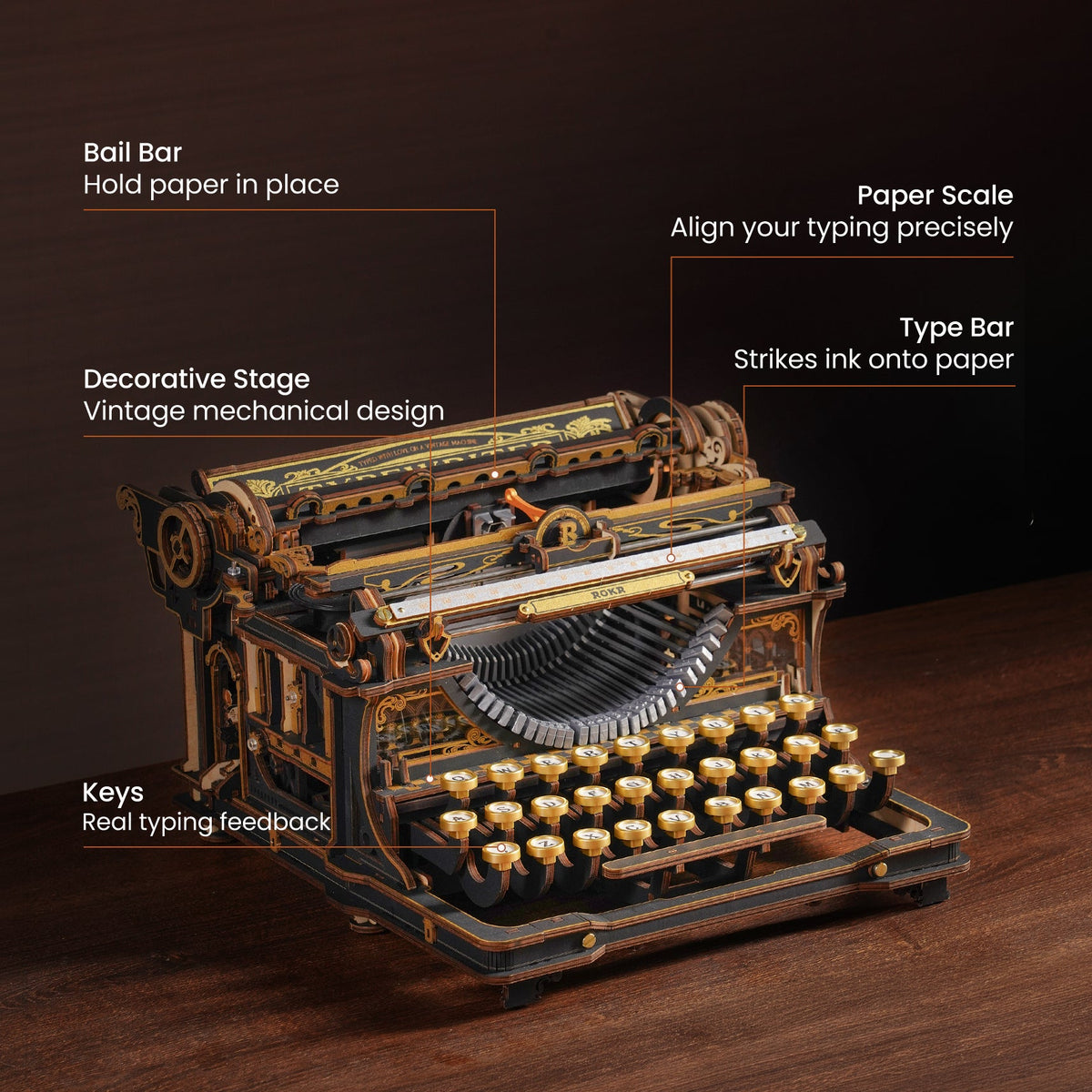 The Keystroke wooden typewriter kit, front view