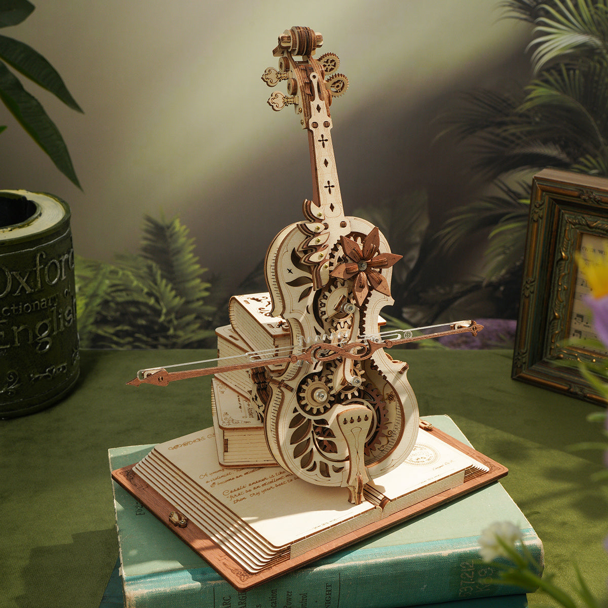 Natural wood cello music box kit with exposed layered gear train