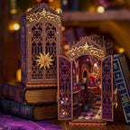 The Witch's Corner book nook, fully assembled with lights on