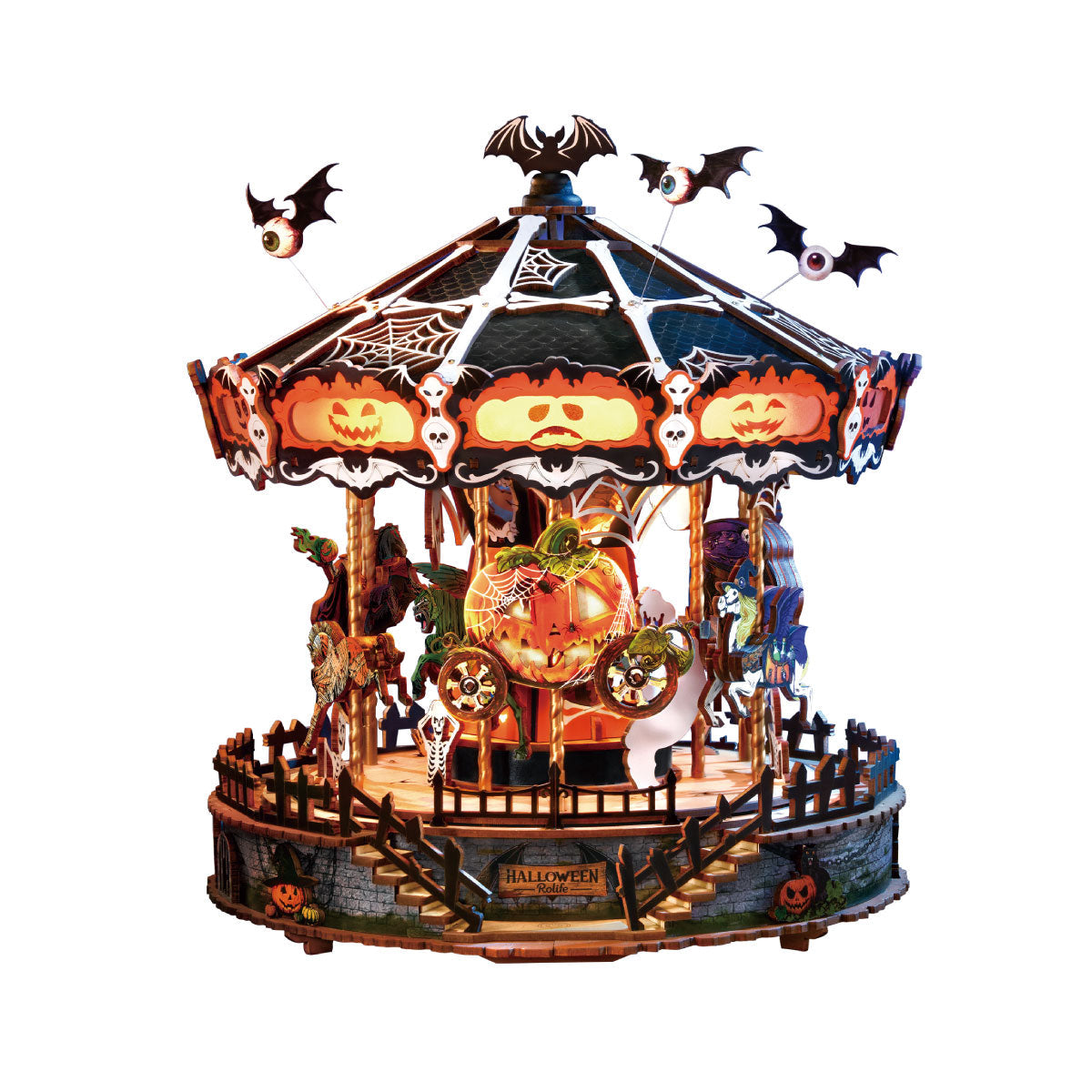 Assembled haunted carousel on a shelf for scale