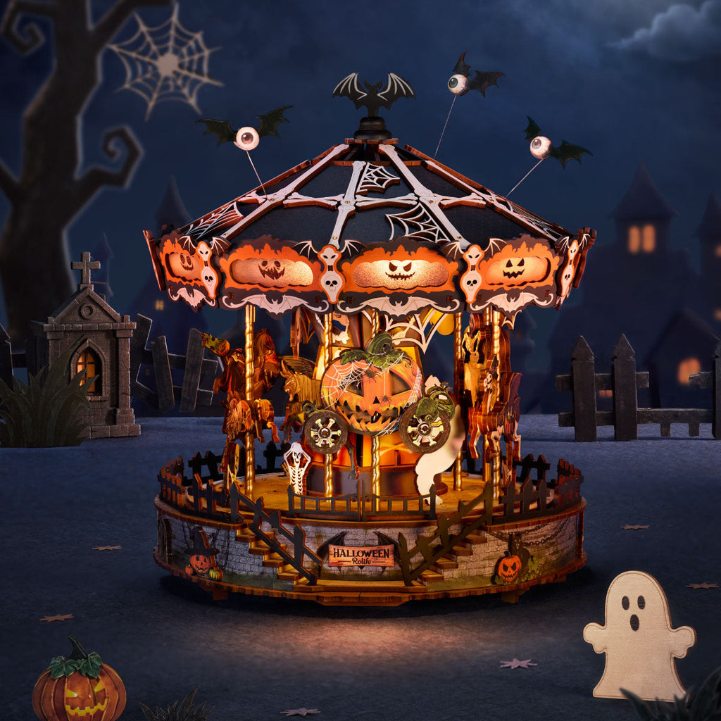 Skeleton riders on the wooden carousel
