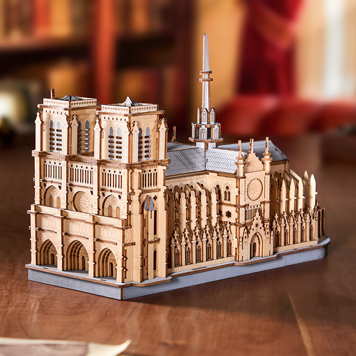 The Long Work Notre-Dame wooden model kit, assembled facade and rose window
