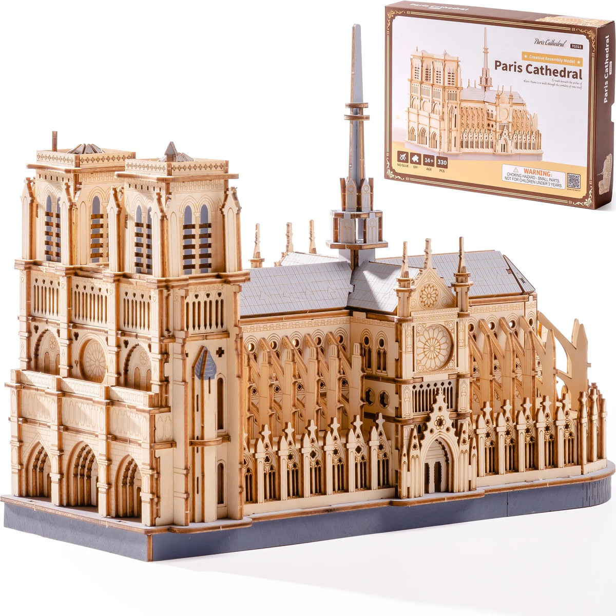 The Long Work: Notre-Dame Wooden Model Kit, assembled: 330-piece kit