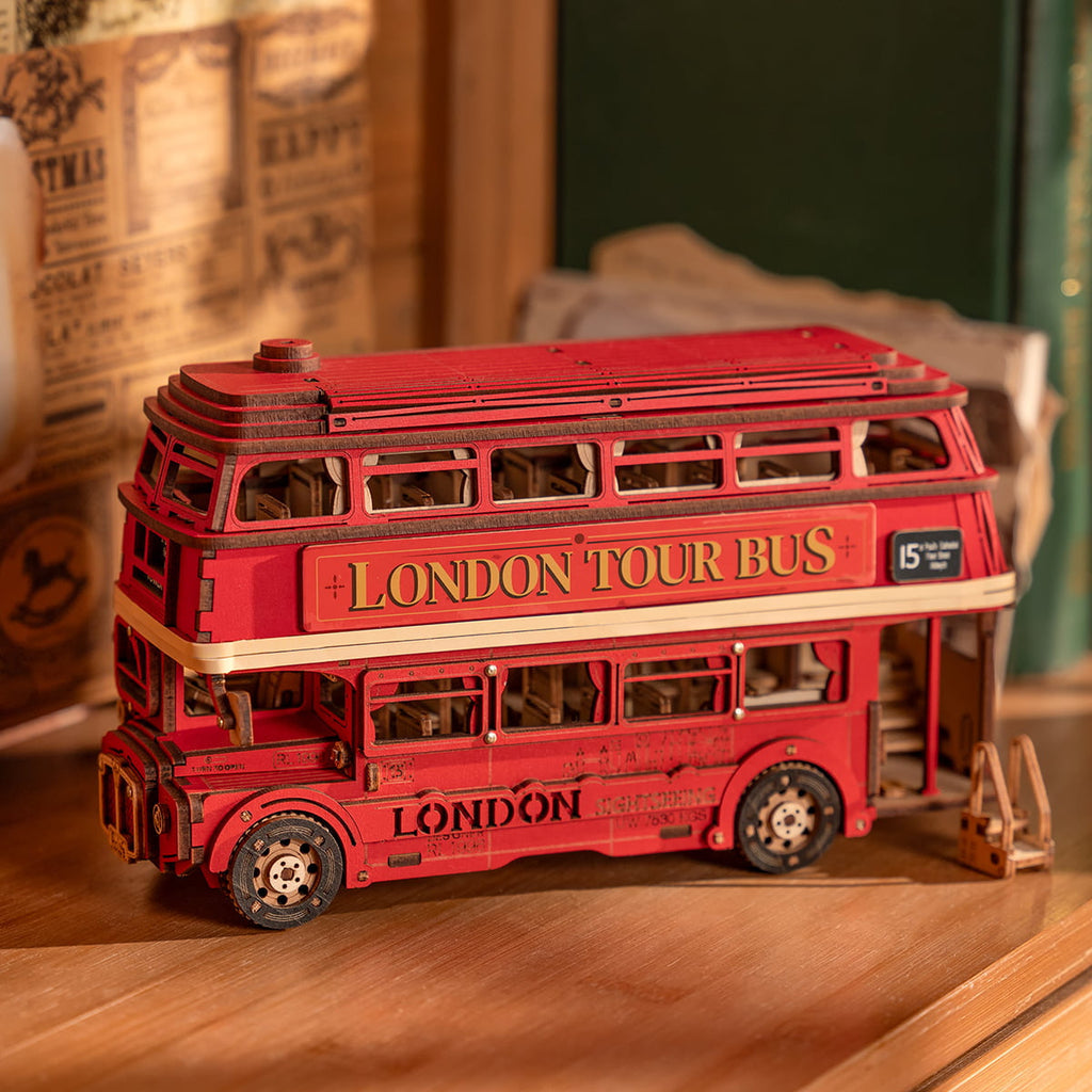 The Hop-On: London Bus Wooden Model Kit, assembled: 255-piece kit