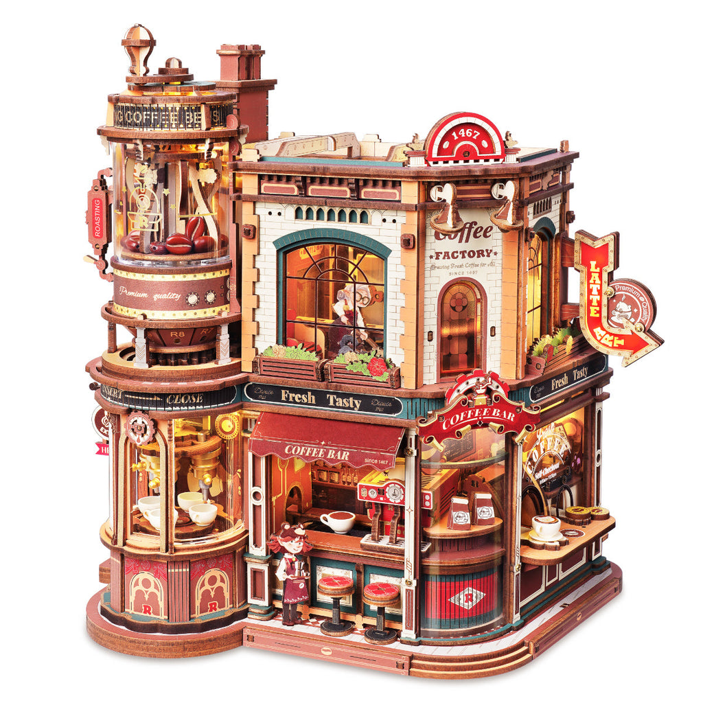 Wooden coffee factory music box kit, assembled side view