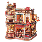 Wooden coffee factory music box kit, assembled side view