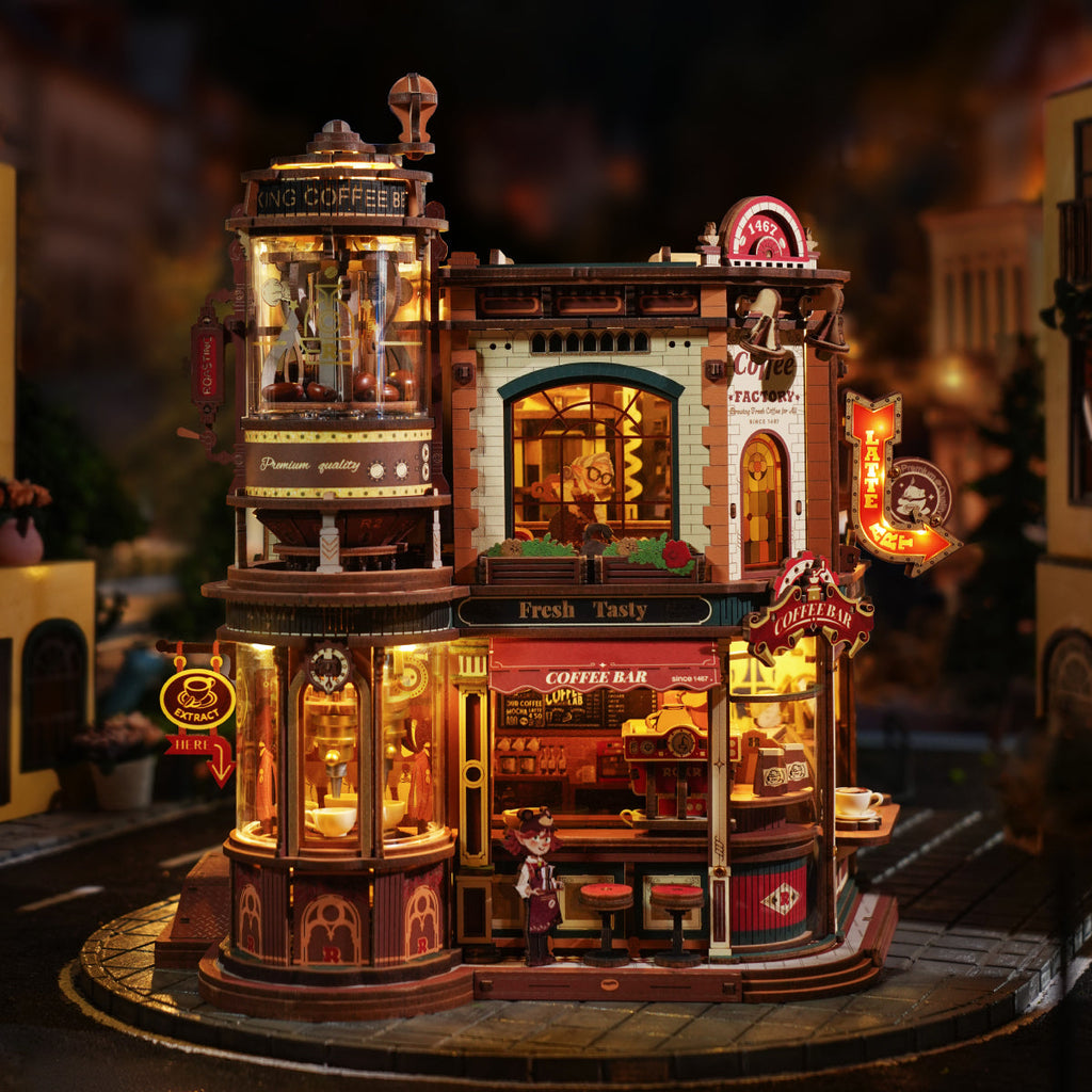 The Morning Roast wooden coffee factory music box, fully assembled