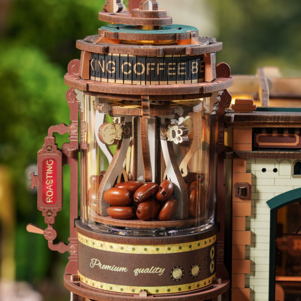 Assembled coffee factory on a kitchen shelf for scale