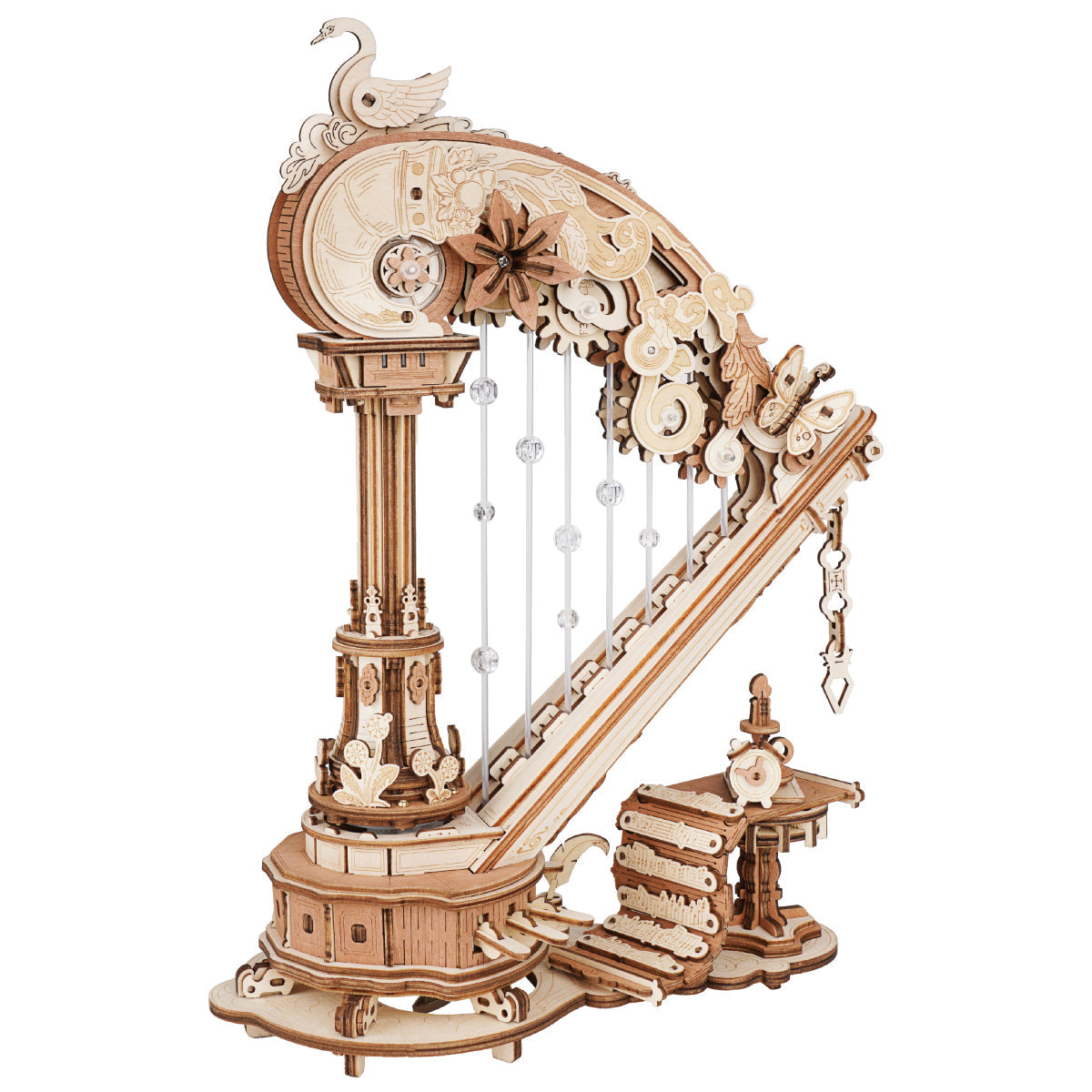 Assembled harp music box on a dresser for scale