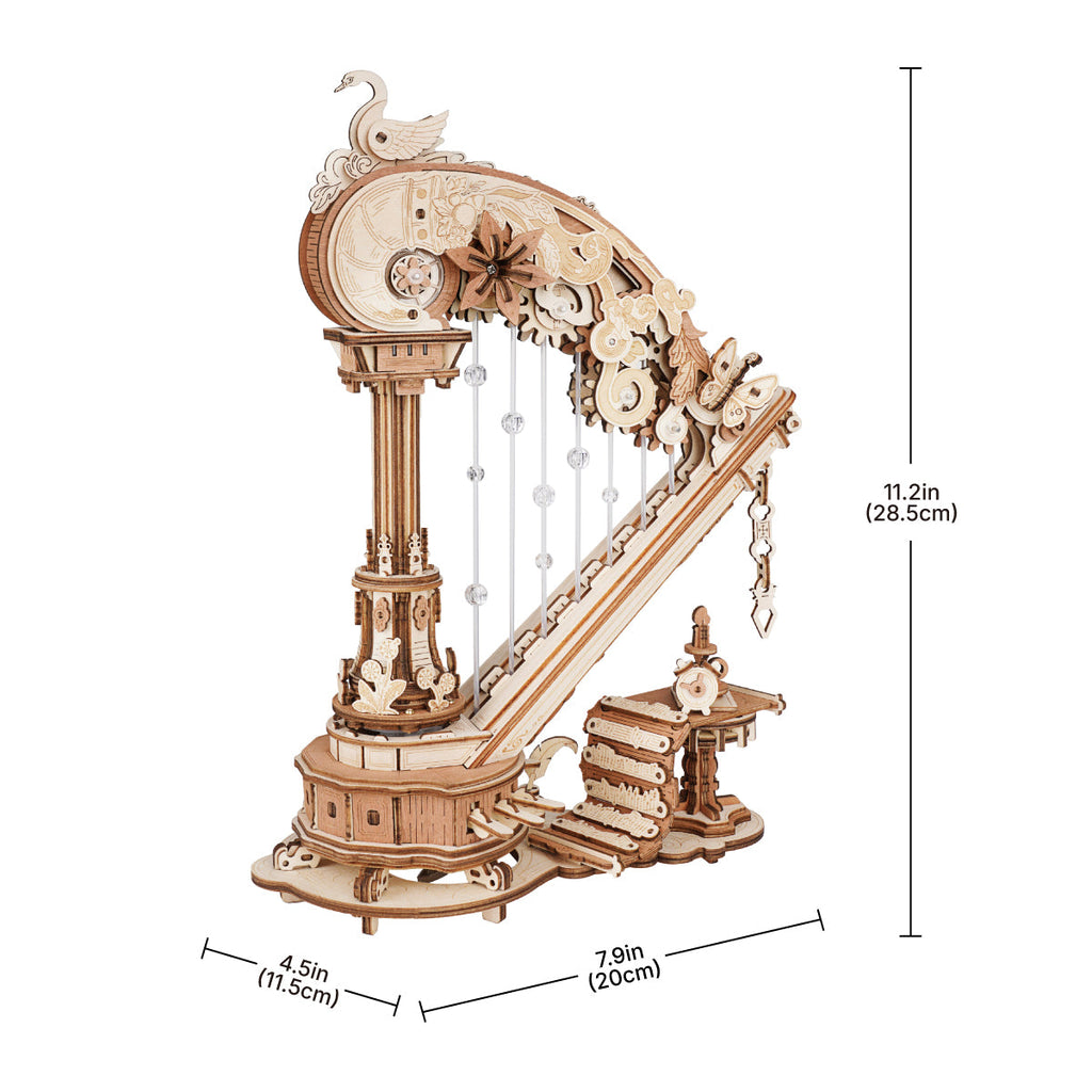 The Swan Harp wind-up music box kit, side view