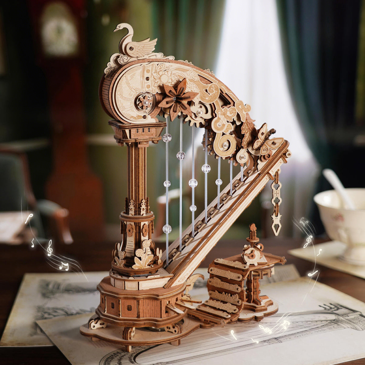 The Swan Harp wooden wind-up music box, fully assembled
