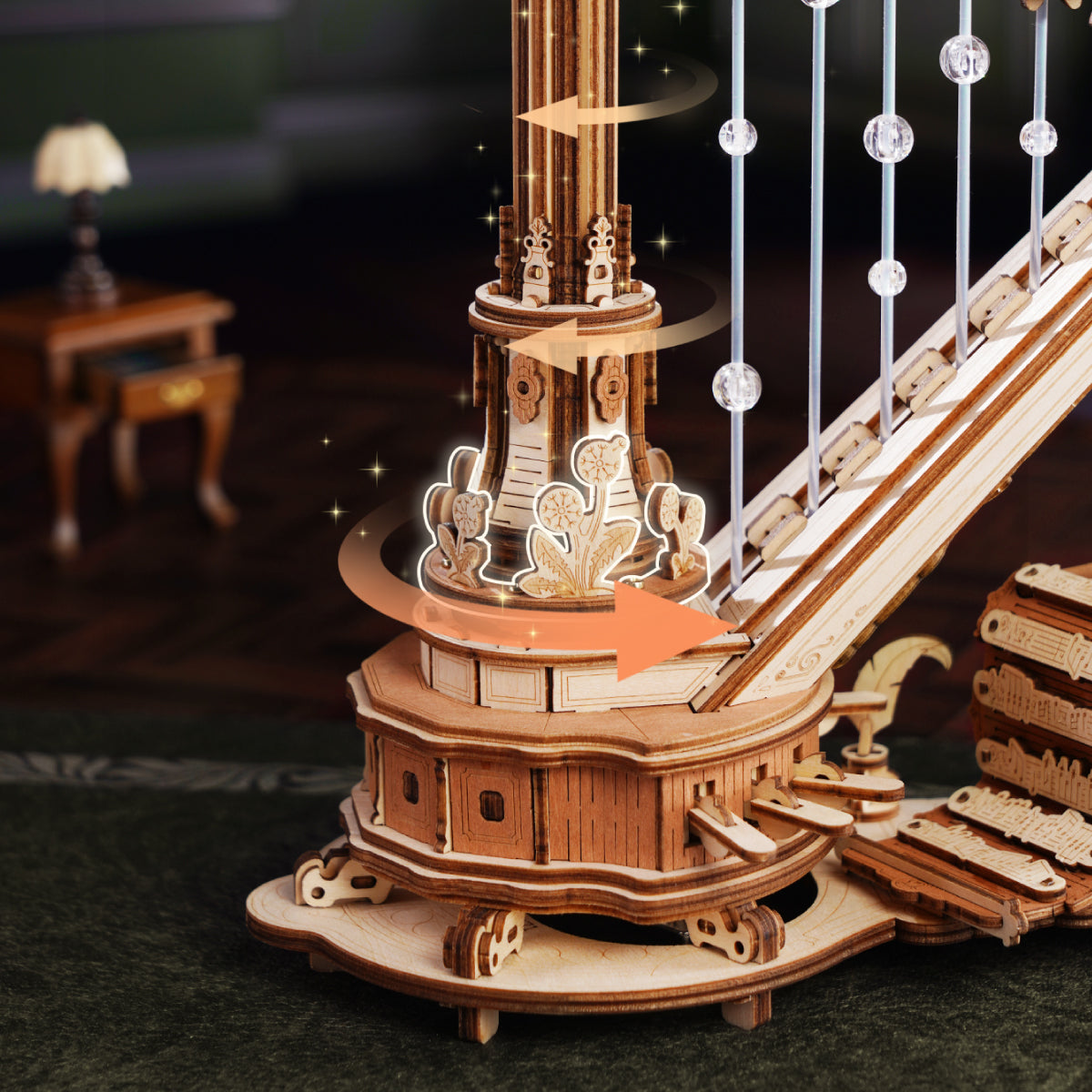 Close-up of the harp strings and pedals