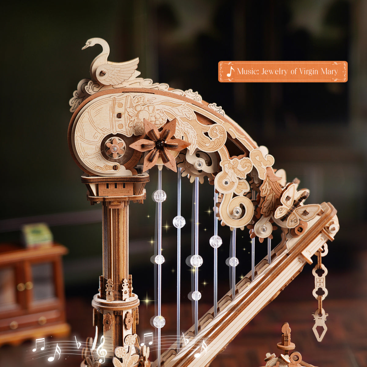 Wooden harp music box kit, gear and spring detail
