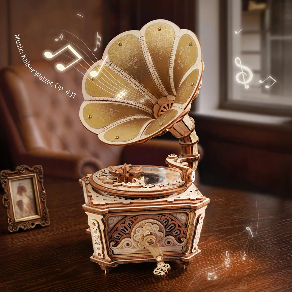 The Encore wooden gramophone music box kit, assembled with horn and turntable