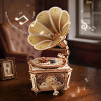 The Encore wooden gramophone music box kit, assembled with horn and turntable