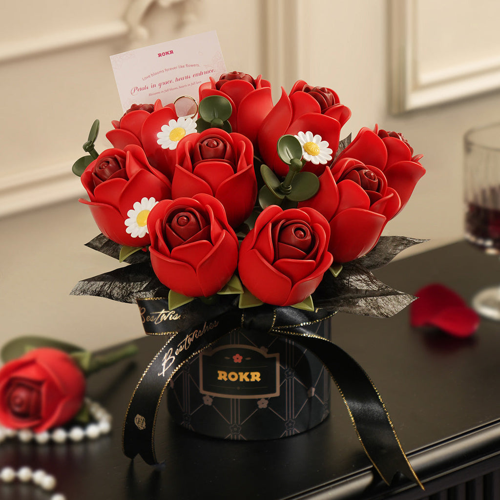 Nine Roses: Wooden Rose Bouquet Kit, assembled, 315-piece kit