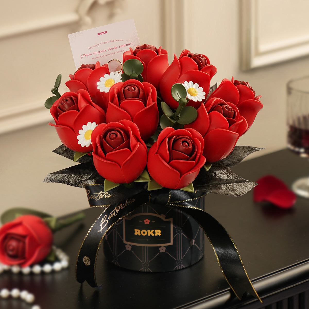 Nine Roses: Wooden Rose Bouquet Kit, assembled, 315-piece kit
